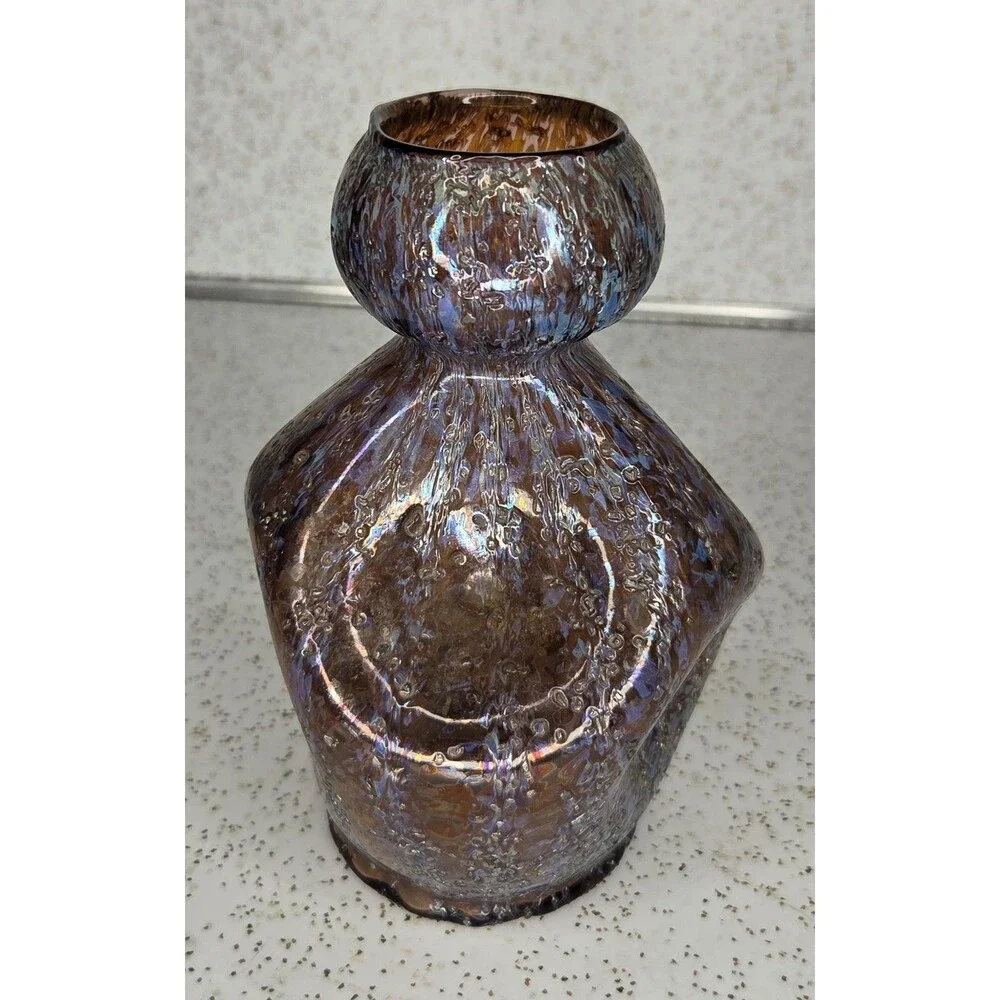 Antique Dugan Frit Art Glass Early 1900s Opal Crackle Pinched Vase 7